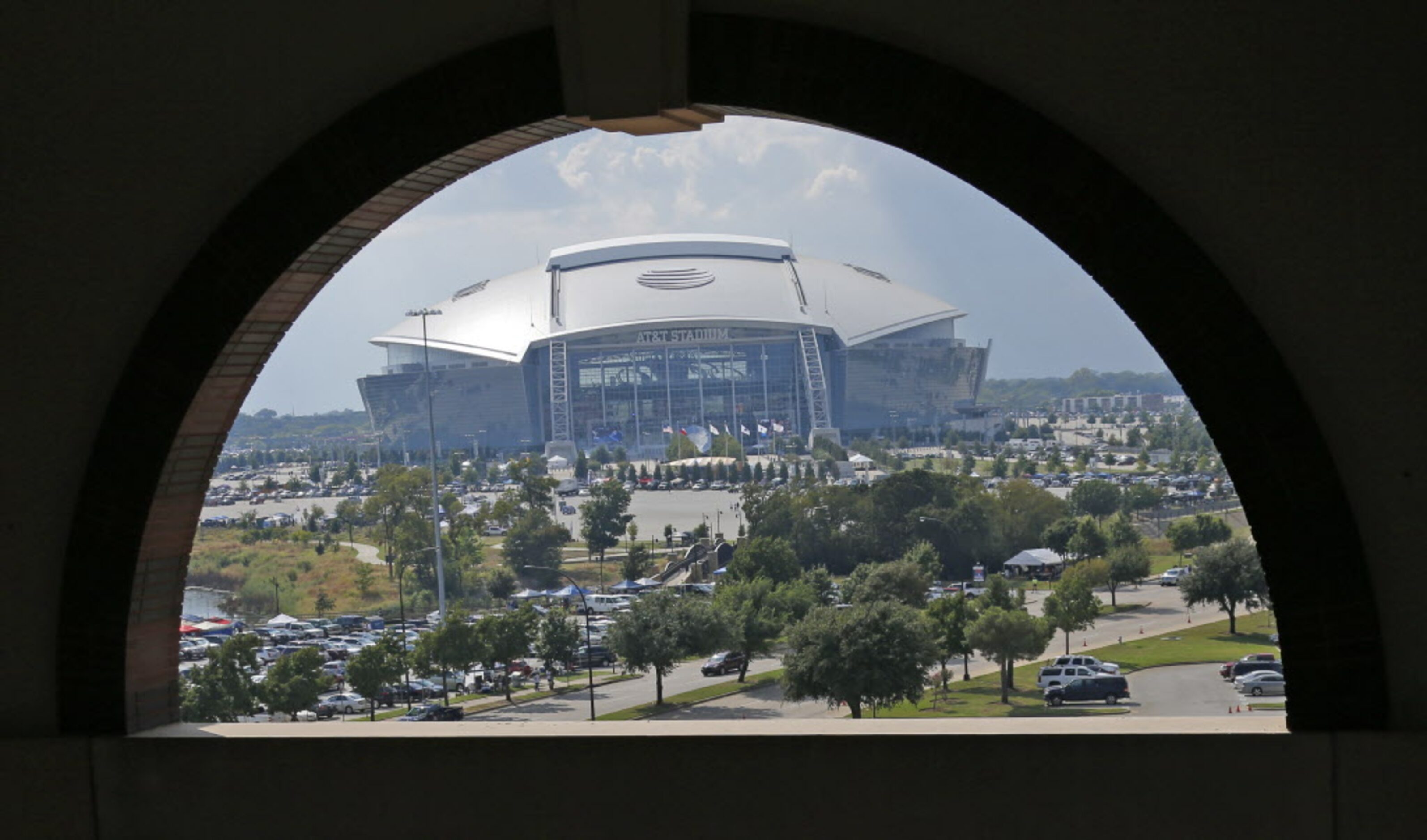 A look across the parking lots at AT&T Stadium from Globe Life Park during the Oakland...