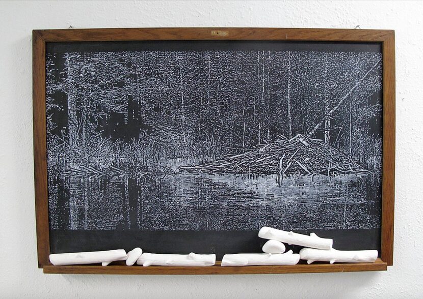 Helen Altman Sticks And Stones (2), 2017; acrylic on vintage chalkboard, cast plaster