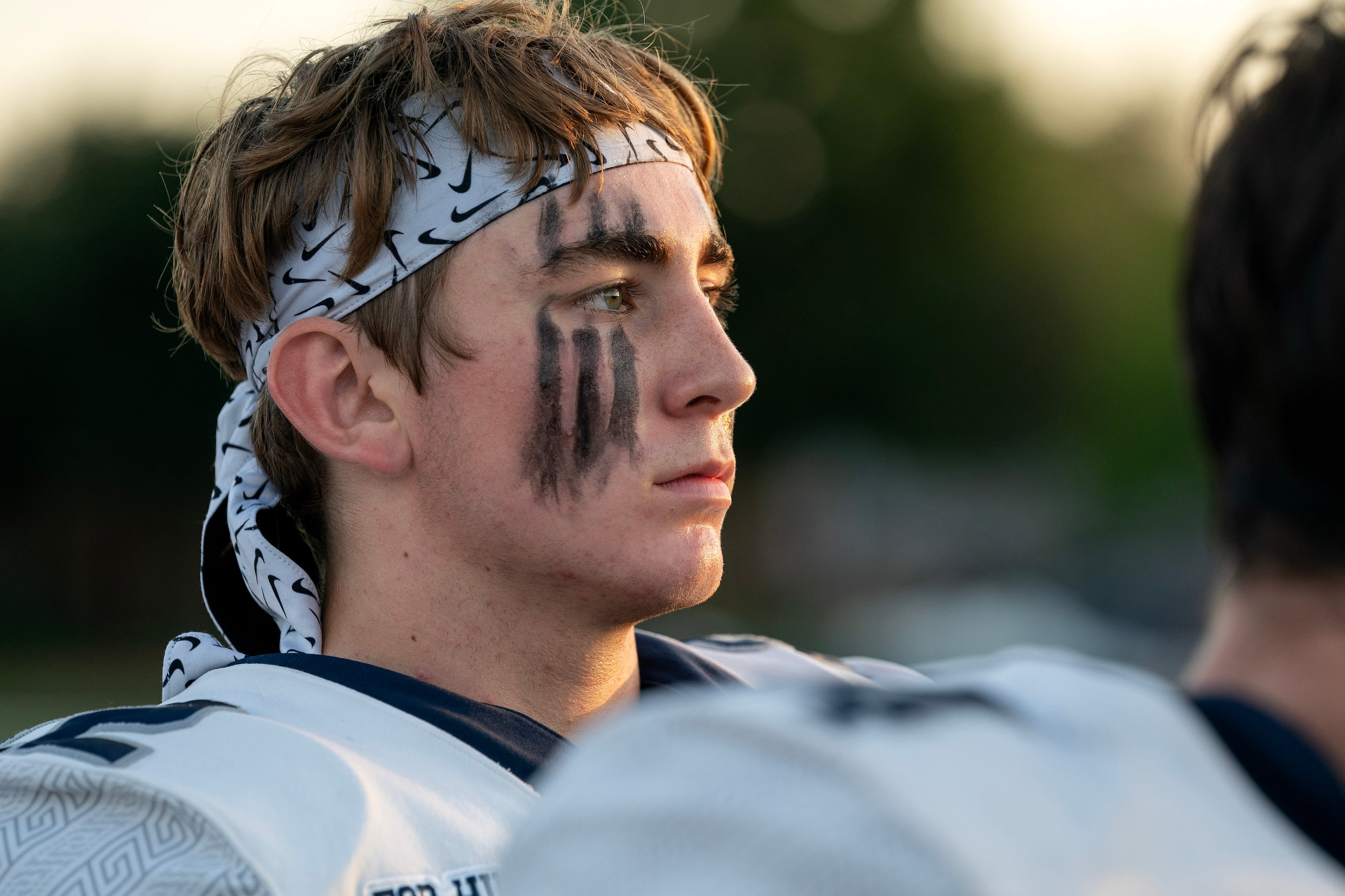 Argyle Liberty Christian junior linebacker Jackson Saul (22) stands for the national anthem...