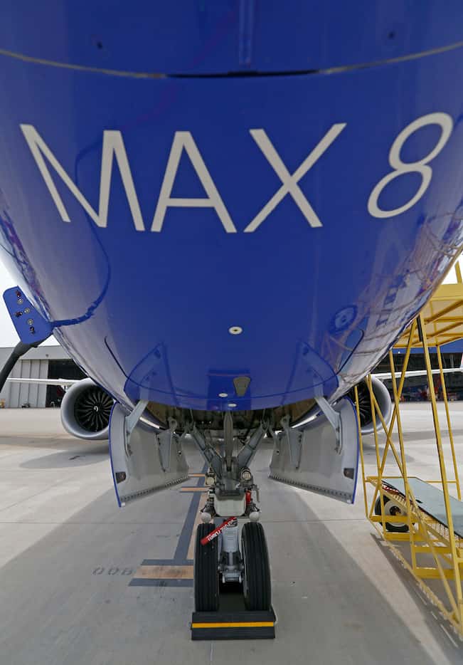 A landing gear of a Southwest Airlines' new plane, the 737 Max, at headquarters in Dallas.