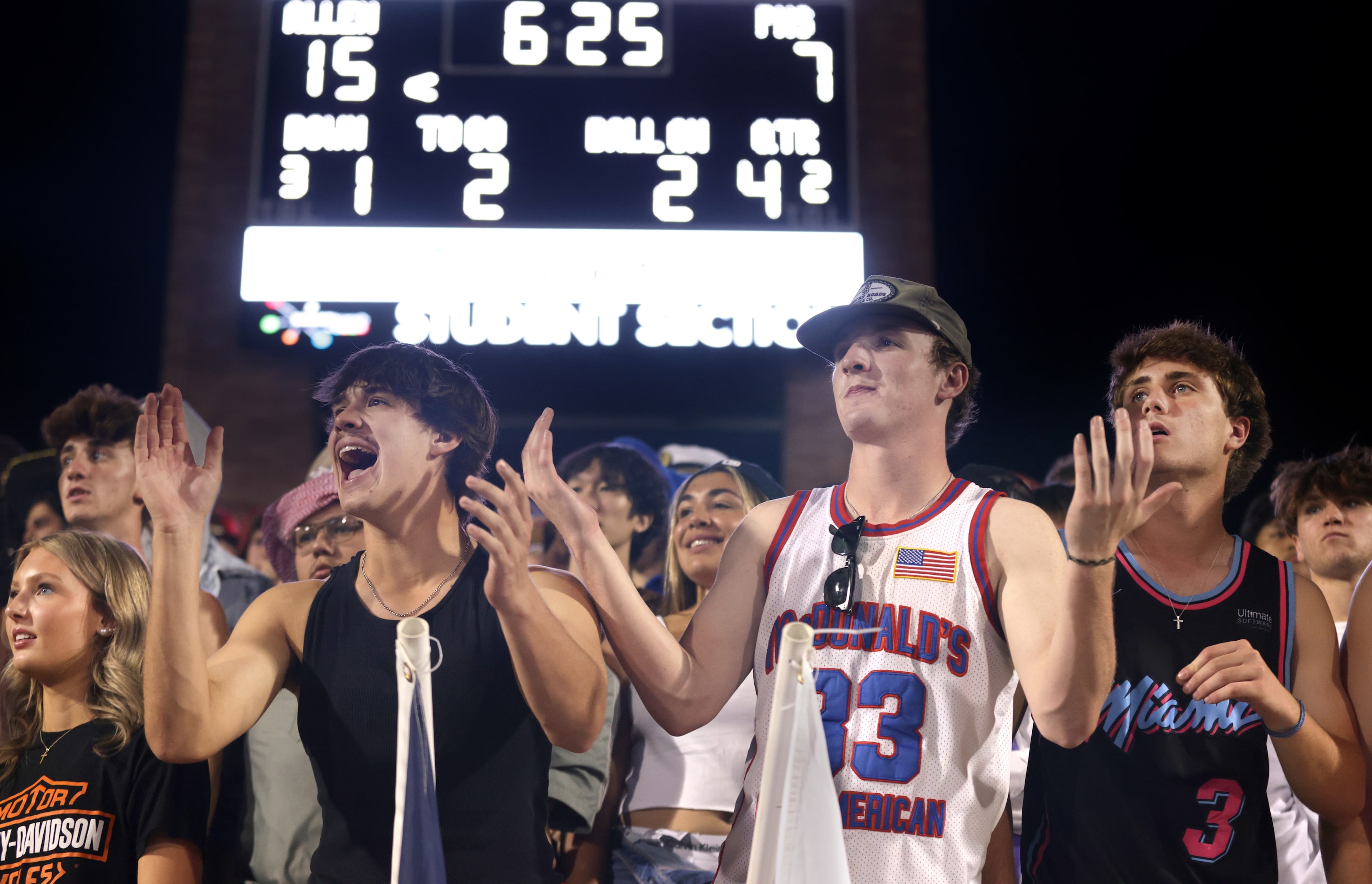 Allen fans get anxious after they're brought down 2 yards from the goal during the Prosper...