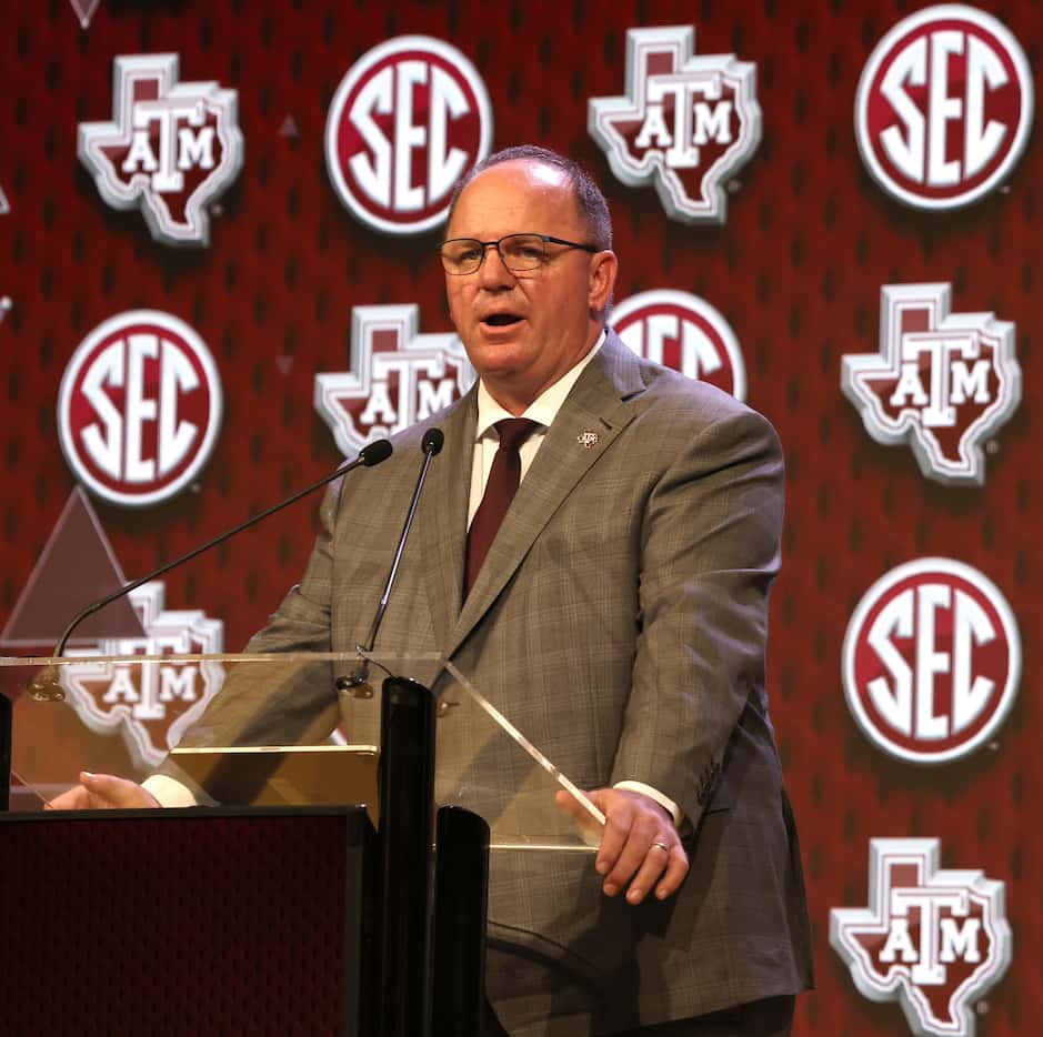 Texas A&M head football coach Mike Elko speaks on his team preparations in advance of the...