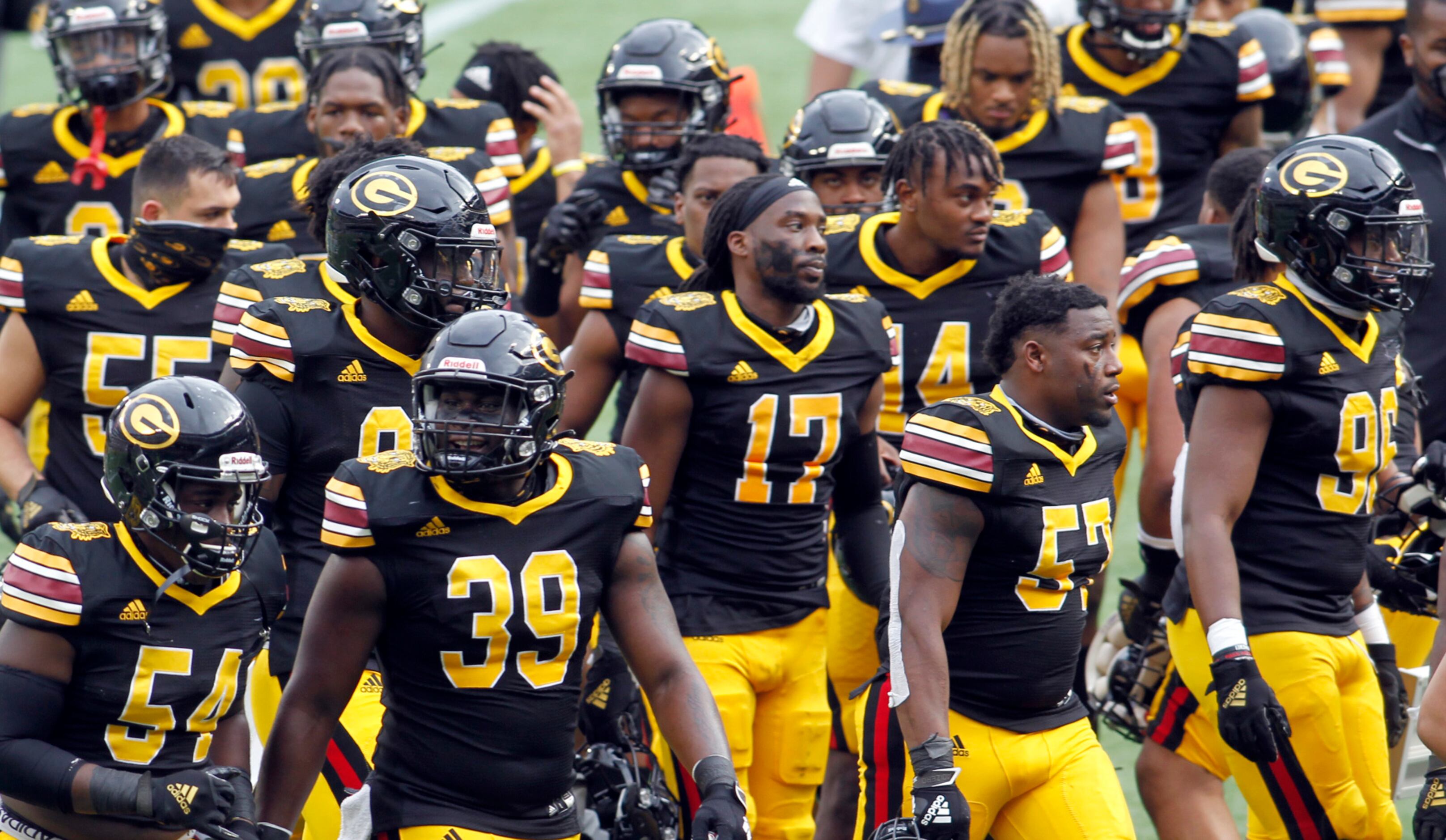 Grambling State players head to the locker room at the conclusion of the first half in their...