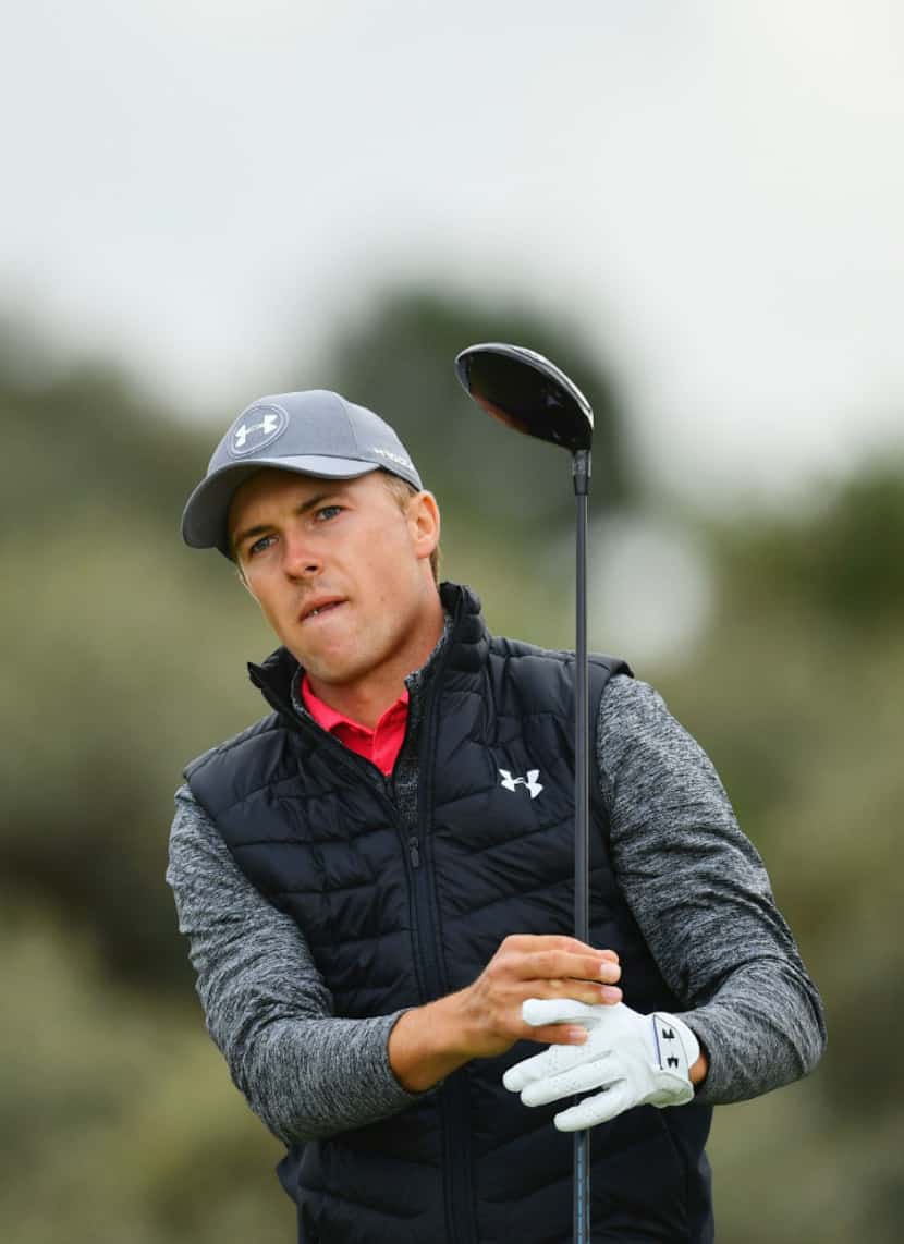 Jordan Spieth watches his tee shot during the first round of the 146th Open Championship at...