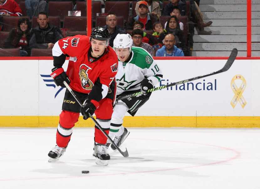 OTTAWA, ON - NOVEMBER 3: Mark Borowiecki #74 of the Ottawa Senators skates with the puck...