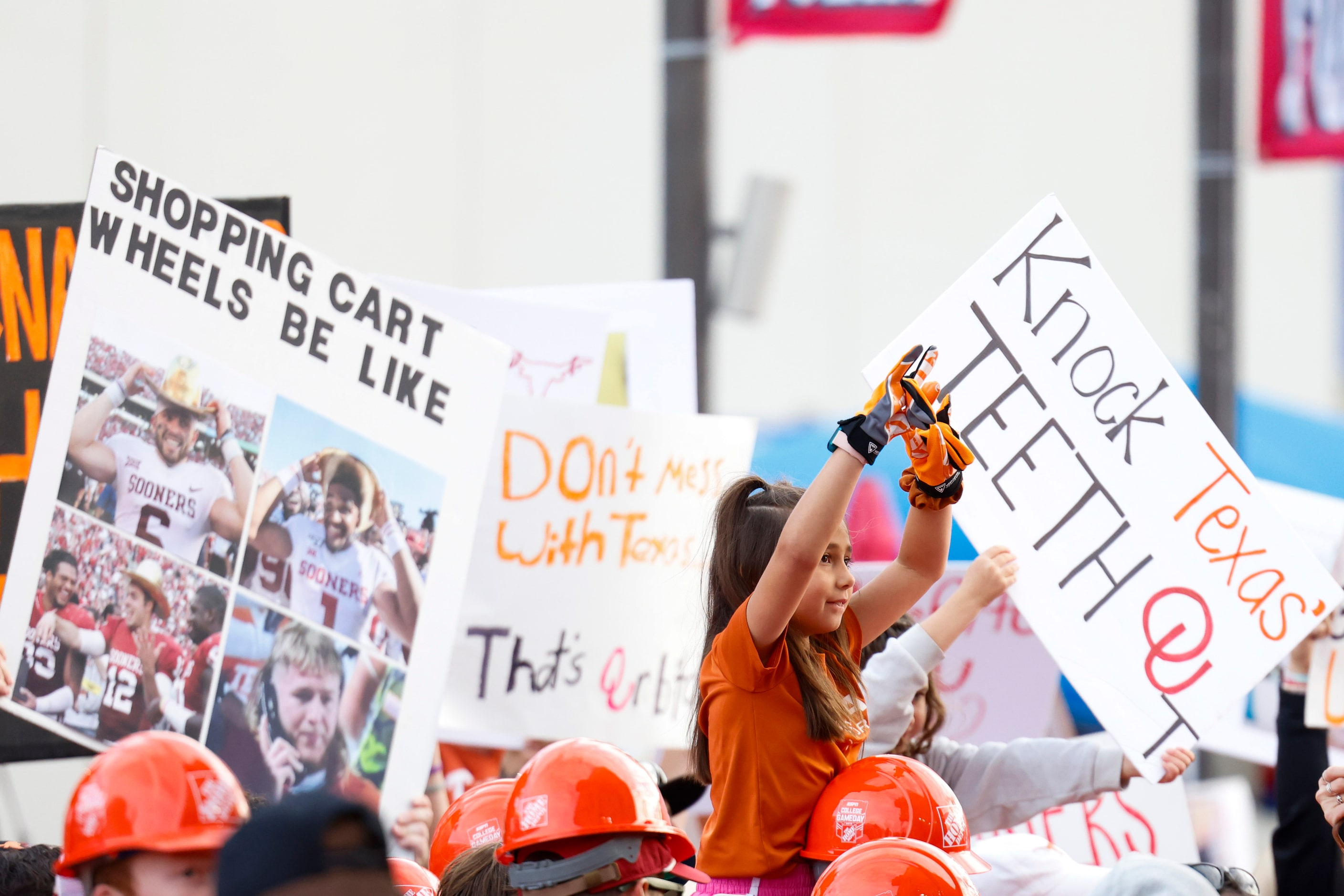 Fans gather ahead of the Red River Showdown outside of the Cotton Bowl for ESPN Game Day, on...