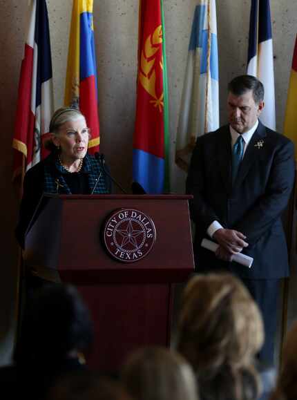 Dallas mayor Mike Rawlings listens as Mary Jalonick announces that about $10 million has...