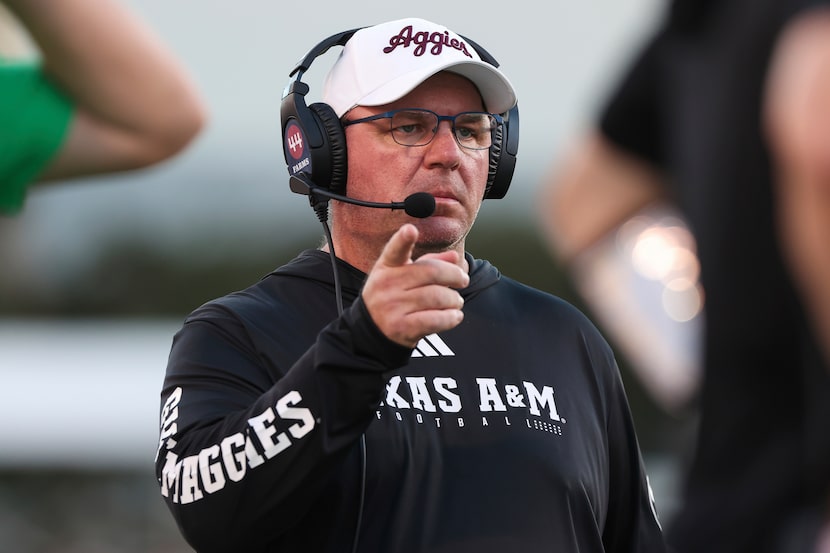 Texas A&M head coach Mike Elko is seen during the second half of an NCAA college football...