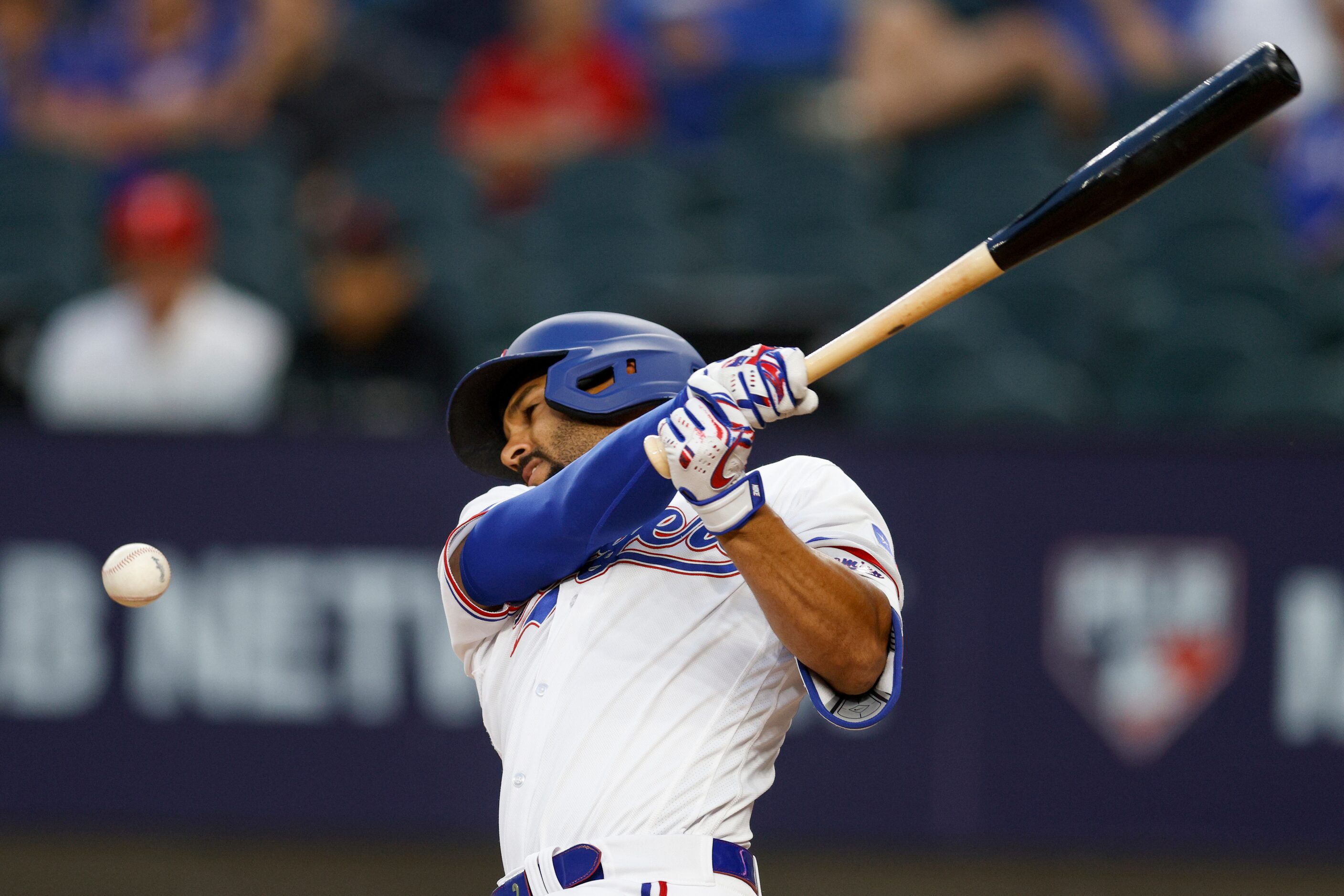 Texas Rangers second baseman Marcus Semien (2) fouls off a pitch during the third inning of...