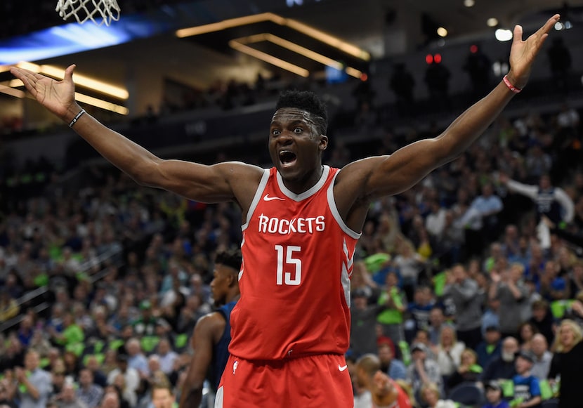 MINNEAPOLIS, MN - APRIL 23: Clint Capela #15 of the Houston Rockets reacts to a call during...