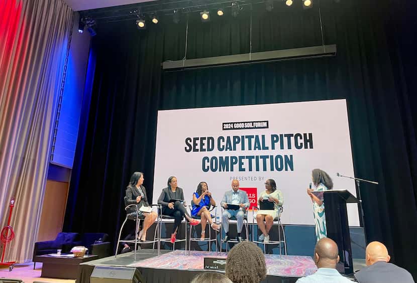 Ameka Coleman (right) at the Good Soil Forum Seed Pitch Competition, June 14, 2024, at the...