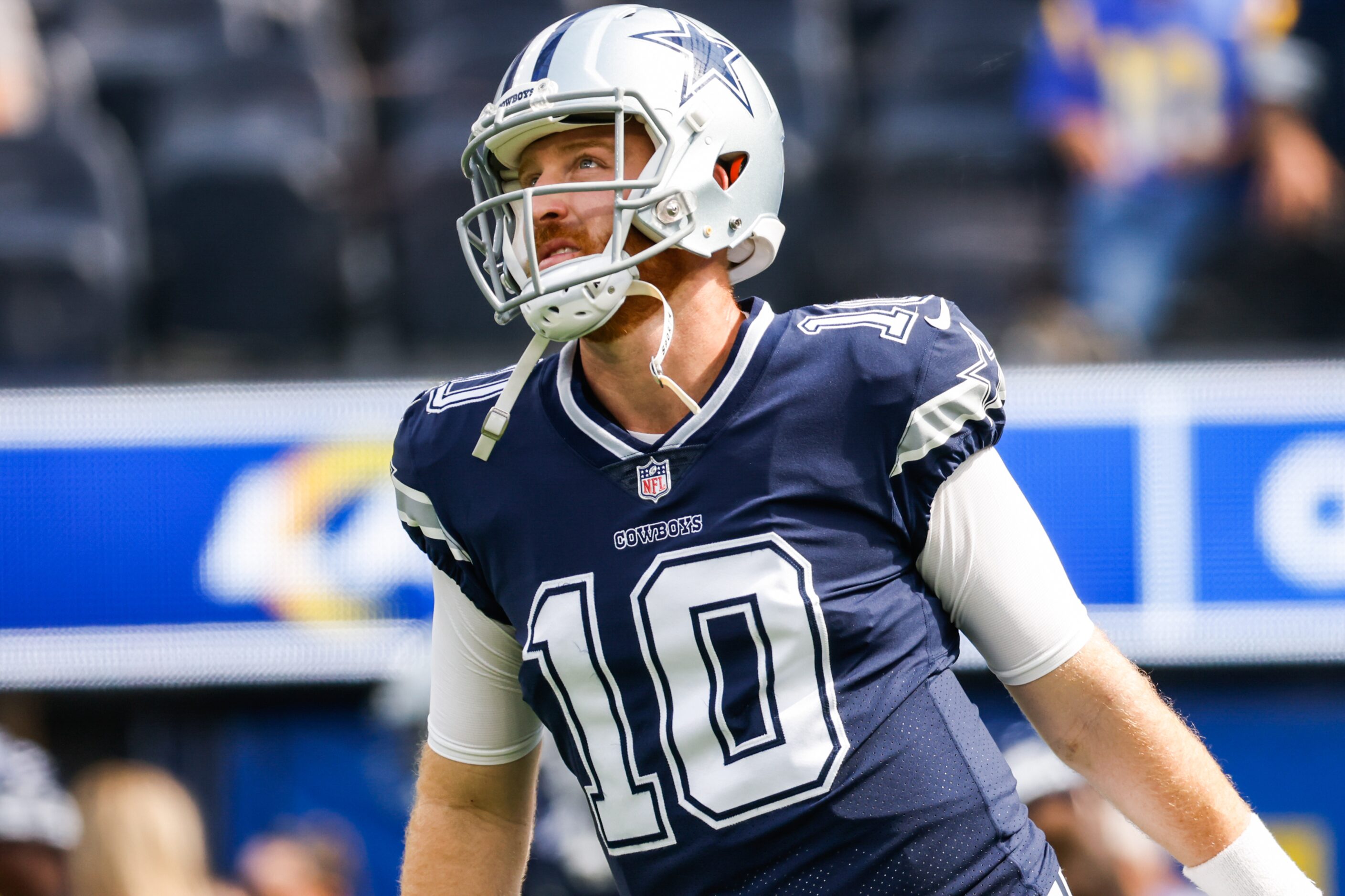 Dallas Cowboys quarterback Cooper Rush (10) during warmup at the SoFi Stadium in Los...