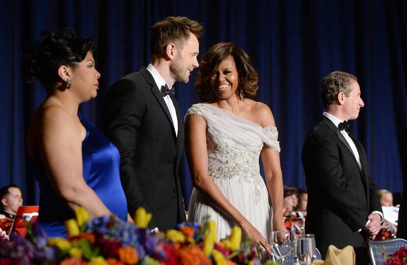 WASHINGTON, DC - MAY 3:  First lady Michelle Obama and Comedian Joel Mchale share a laugh on...