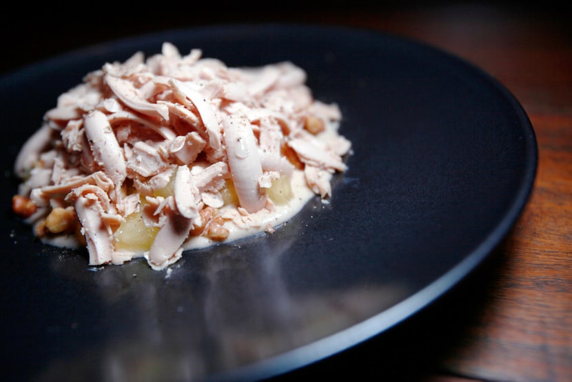 Shaved foie gras at Uchi. The night our critic sampled it, the Fuji apple, walnuts and black...