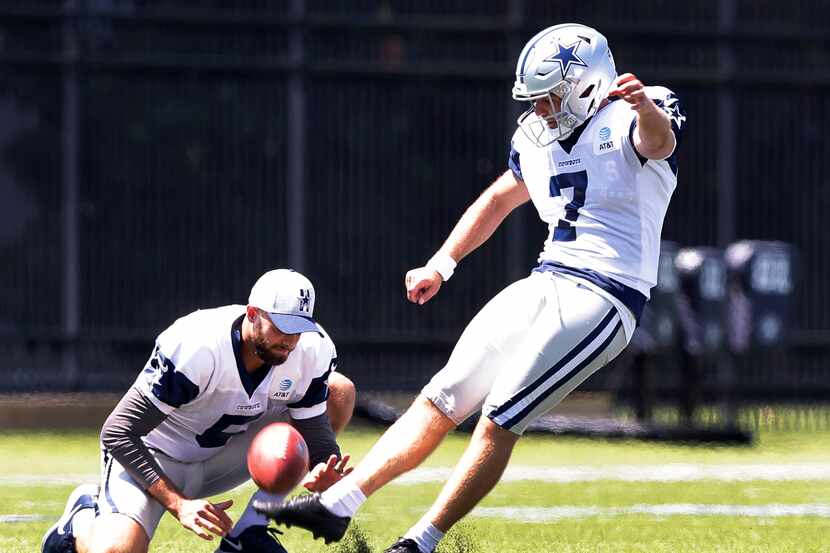 Dallas Cowboys kicker Lirim Hajrullahu (7) follows through on a field goal during Training...