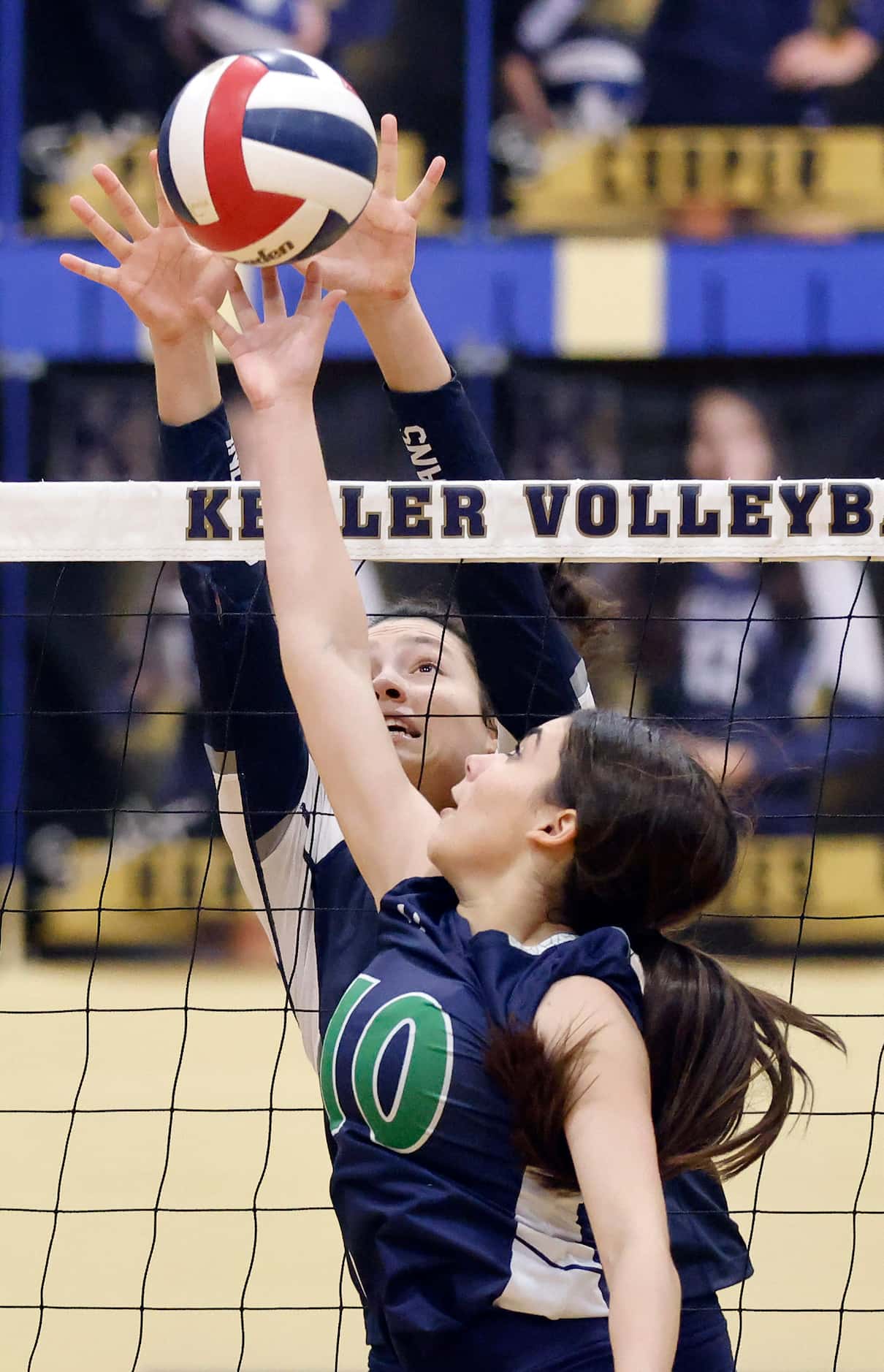 Eaton High setter Lorena Gomez (10) attempts to tip the ball past Keller High’s Anna Flores...