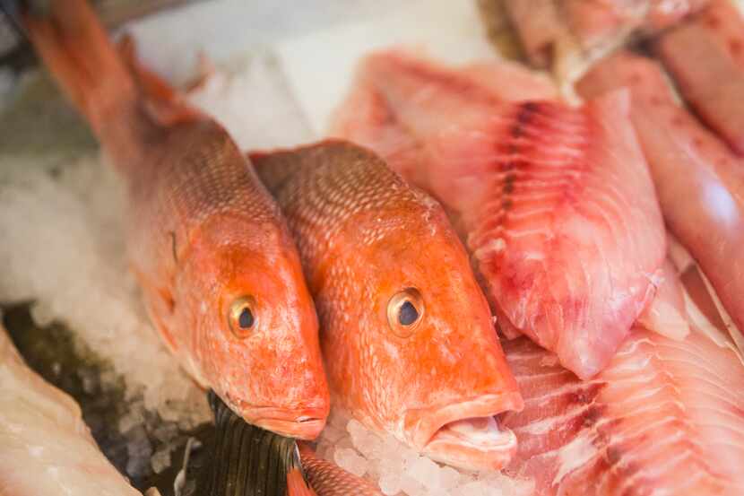 Two whole red snappers are on display among other fish at Sea Breeze Fish Market in Plano.