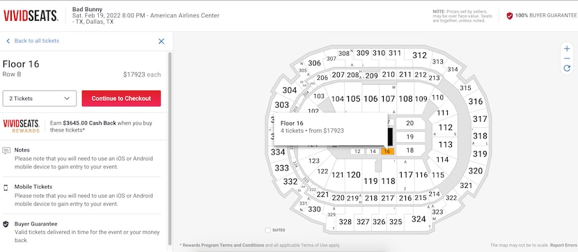 Precios en vividseat.com para ver a Bad Bunny el 19 de febrero de 2022 en Dallas, al día 20...