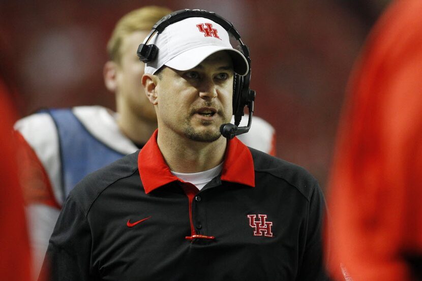 Dec 31, 2015; Atlanta, GA, USA; Houston Cougars head coach Tom Herman looks on from the...