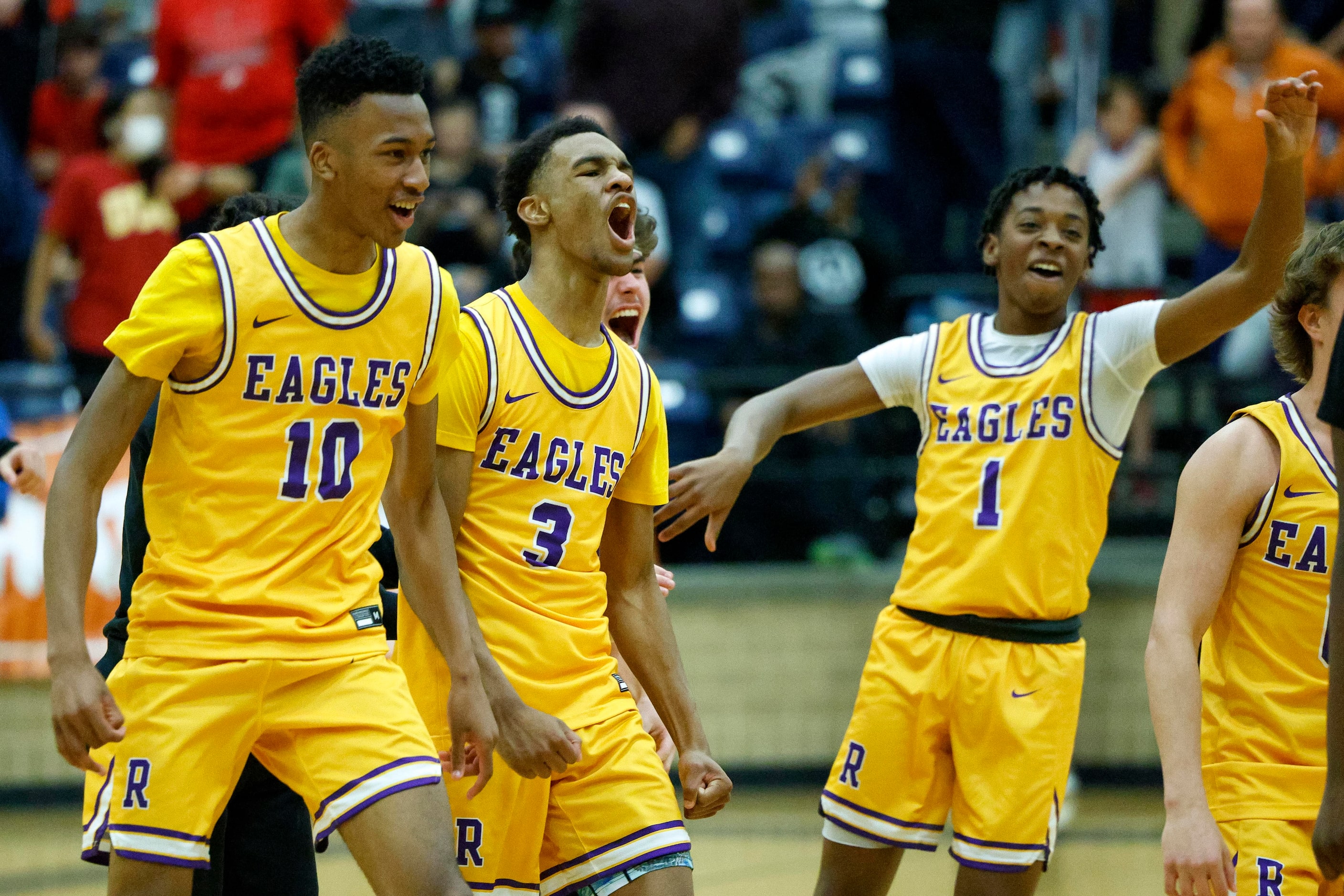 Richardson guard Rustan Griffen (10), guard Rylan Griffen (3) and guard Charlie Gillette (1)...