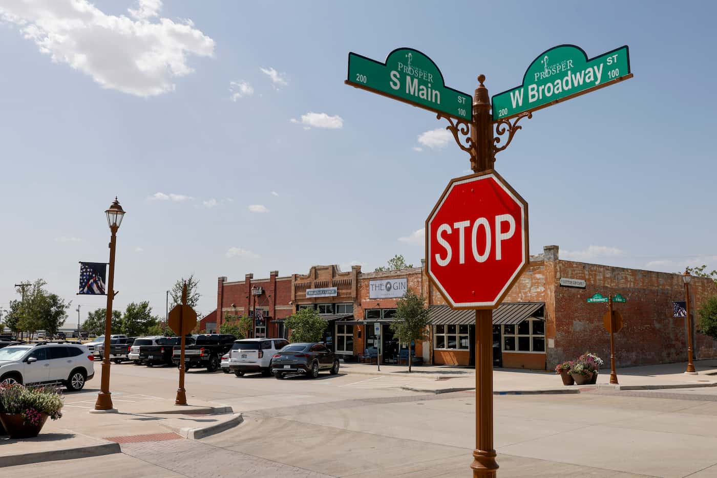 The intersection of South Main and West Broadway Streets in downtown Prosper.