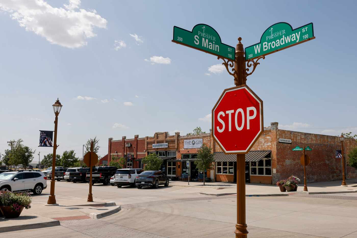 The intersection of South Main and West Broadway Streets in downtown Prosper.