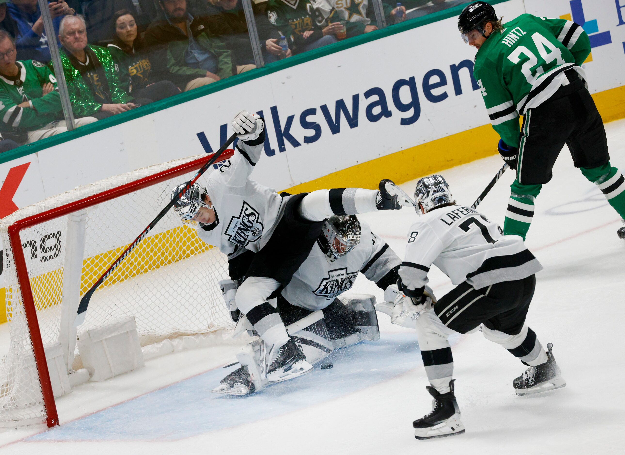 Los Angeles Kings defenseman Drew Doughty (8) falls on Los Angeles Kings goaltender David...