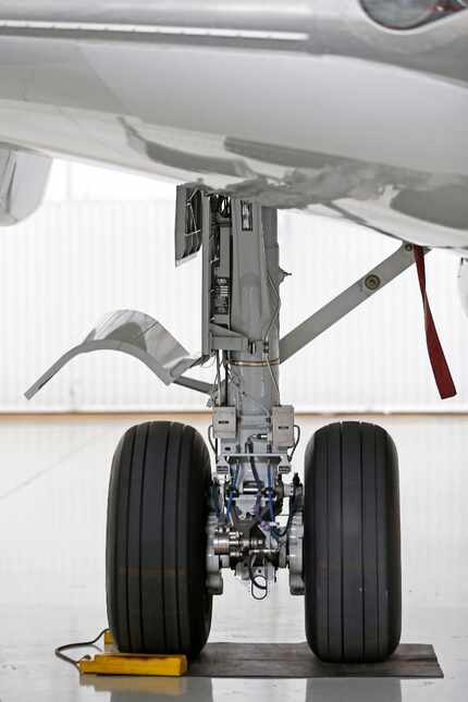A landing gear of the B737-700 aircraft at Hillwood Airways Hangar at Fort Worth Alliance...