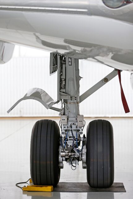 A landing gear of the B737-700 aircraft at Hillwood Airways Hangar at Fort Worth Alliance...