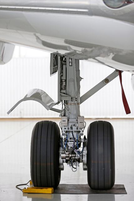A landing gear of the B737-700 aircraft at Hillwood Airways Hangar at Fort Worth Alliance...