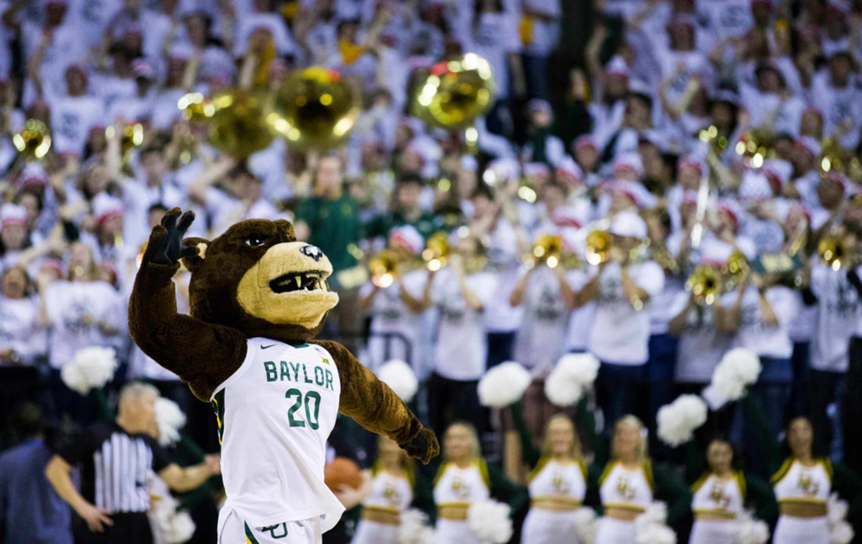 Baylor Bears mascot leads the crowd in a cheer during the second half of an NCAA men's...
