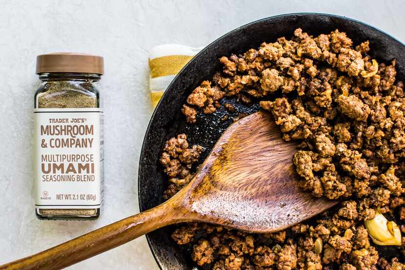 Umami Ground Beef uses mushroom umami seasoning from Trader Joe's.