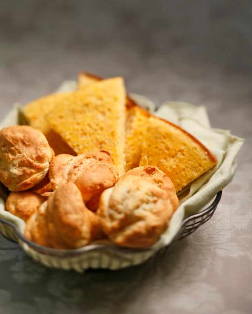 
Basket of breads; Bill's Best Buttermilk Cornbread and Dinner Rolls from Tu-Lu's...