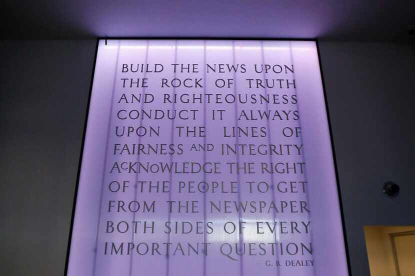 The Rock of Truth wall in The Dallas Morning News lobby on Commerce Street in downtown Dallas
