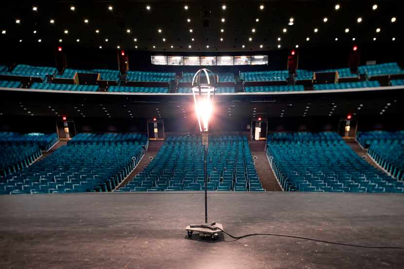 A ghost light onstage at the empty Music Hall at Fair Park in Dallas on Thursday, Feb. 4, 2021.