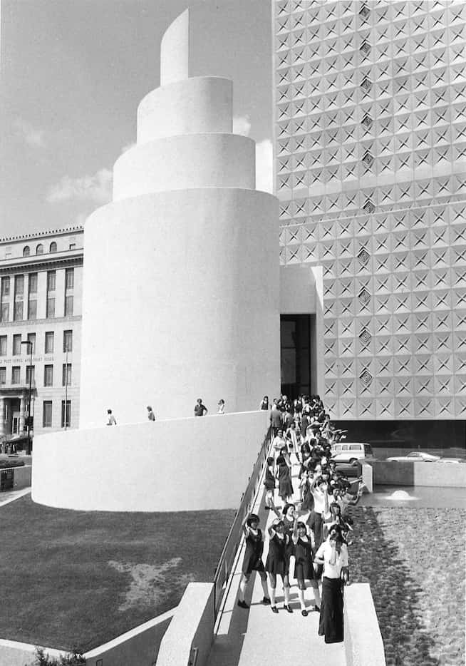 A group visits the Thanks-Giving Square chapel in 1978.