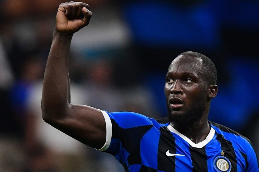 Inter Milan's Belgian forward Romelu Lukaku acknowledges the public at the end of the...