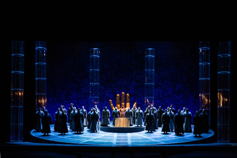 Knights of the Grail gather around the altar in dress rehearsal for Houston Grand Opera's...