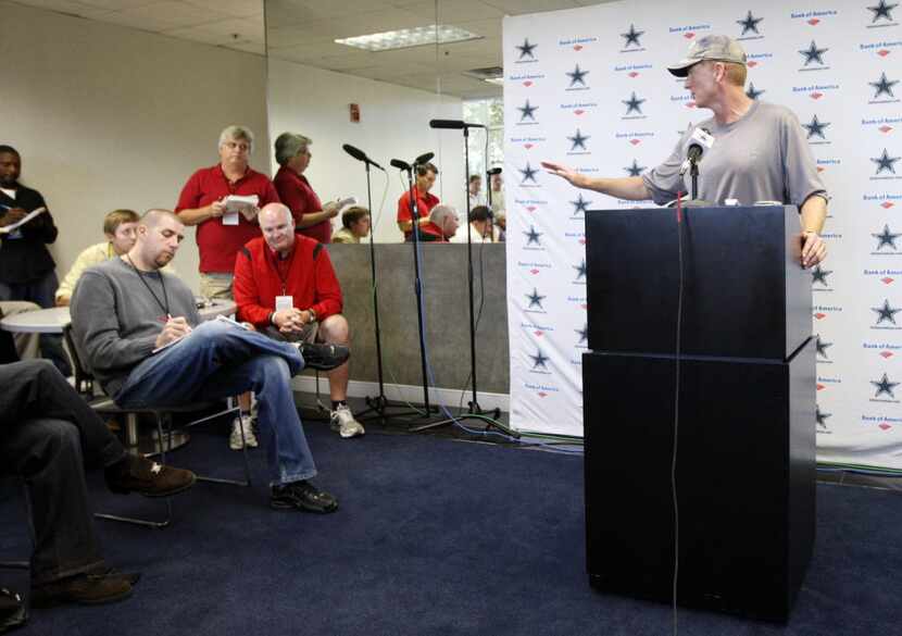 New Dallas Cowboys interim head coach Jason Garrett speaks after the first practice under...