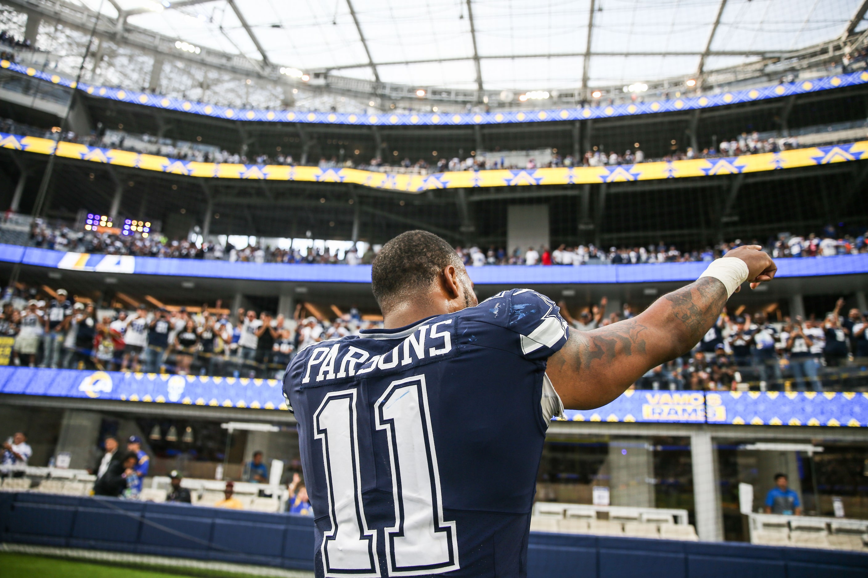 Dallas Cowboys linebacker Micah Parsons (11) celebrates after win the game against Los...