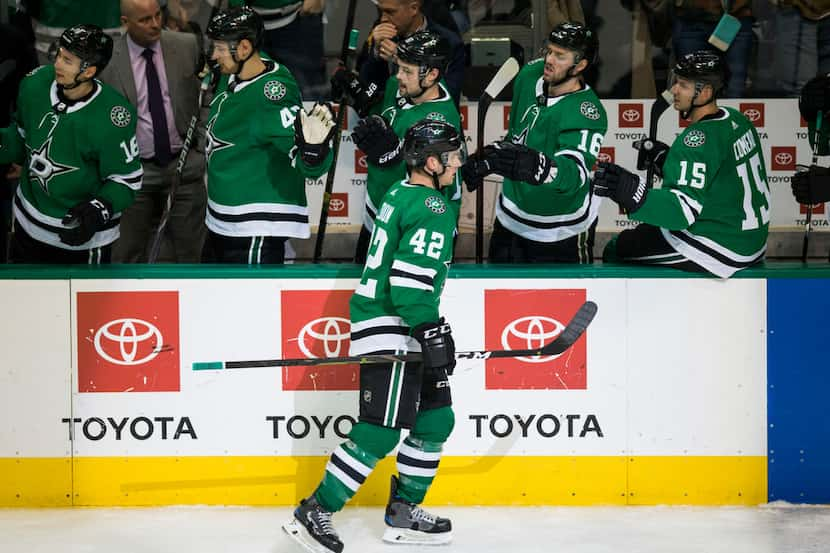 Dallas Stars defenseman Taylor Fedun (42) celebrates after scoring a goal during the third...