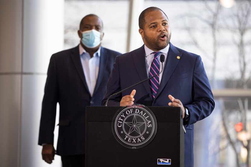 Mayor Eric Johnson speaks during a press conference at Kay Bailey Hutchinson Center in...