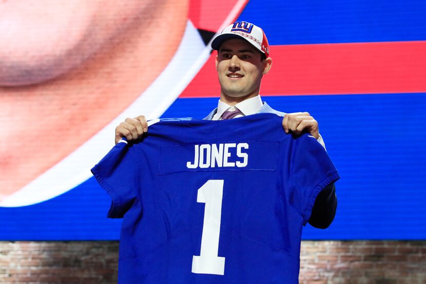 NASHVILLE, TENNESSEE - APRIL 25: Daniel Jones of Duke reacts after being chosen #6 overall...