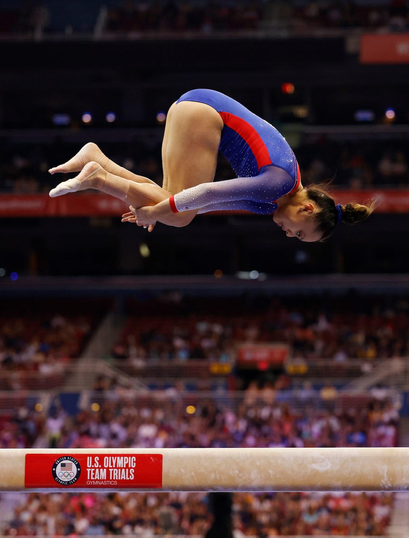 Emma Malabuyo of Texas Dreams competes on the balance beam during day 1 of the women's 2021...