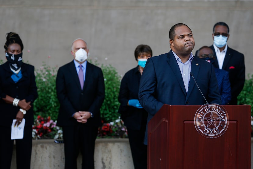 Dallas Mayor Eric Johnson speaks during a memorial service for George Floyd on Friday, June...