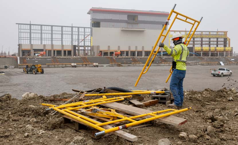 Construction on Melissa High School’s new football stadium continues at the school on...