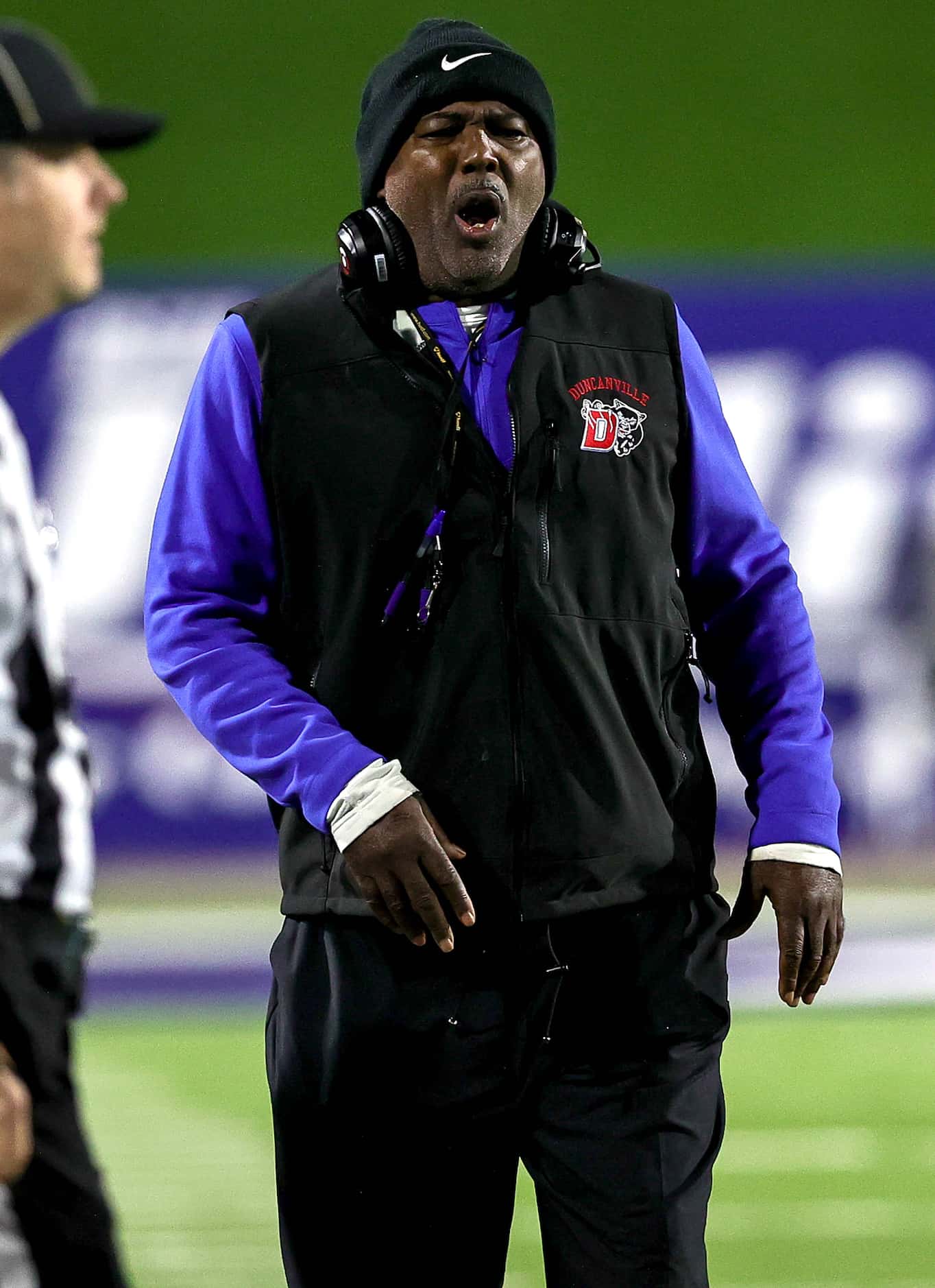 Duncanville head coach Reginald Samples disagrees on a call in the game against Rockwall...