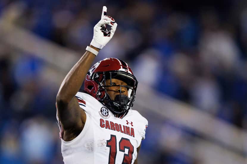 South Carolina wide receiver Jalen Brooks celebrates his touchdown during the second half of...