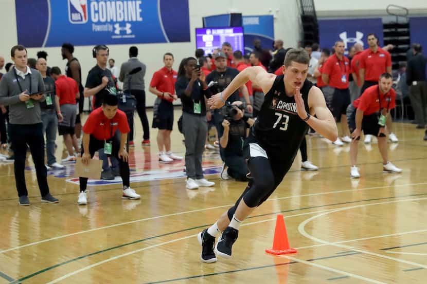 Moritz Wagner, from Michigan, participates in the NBA draft basketball combine Friday, May...
