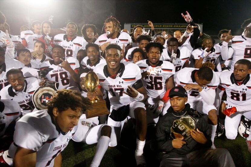 Cedar Hill celebrates after beating DeSoto 32-17 at Eagle Stadium in DeSoto, Texas on Nov....